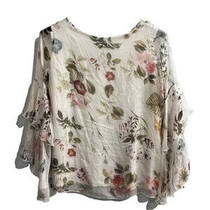 Viola Borghi Top Womens L White Silk Floral Tiered Flare Sleeve Cottagecore